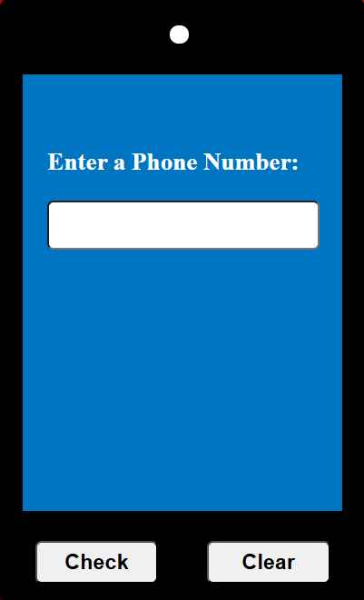 A snippet with a text input field and two buttons to check if the text is a valid USA phone number.